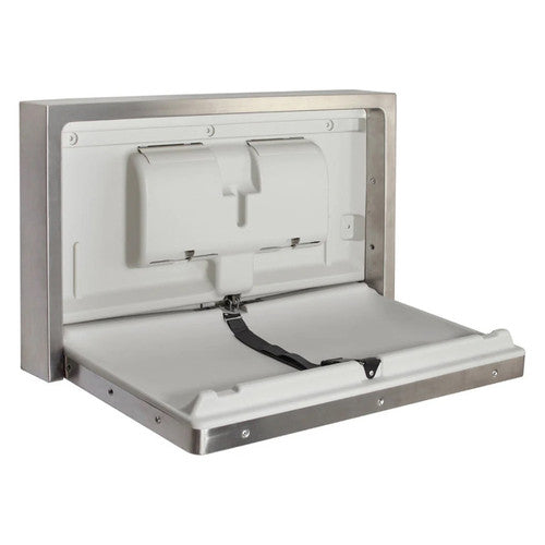 Dolphy stainless steel baby change station shown in closed/folded position against wall