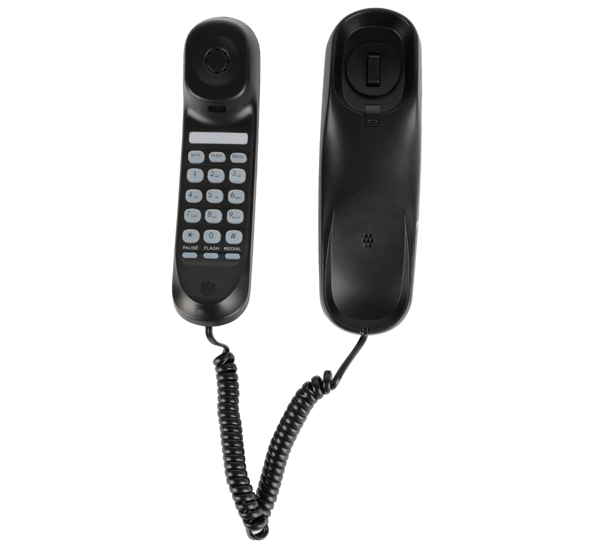 Dolphy bathroom telephone in black, showing the wall mountable corded handset with numeric keypad and cradle