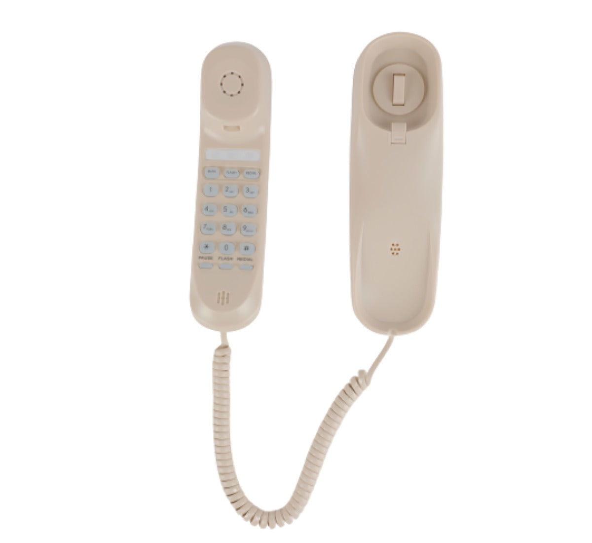 Dolphy bathroom telephone in ivory, showing the wall mountable corded handset with numeric keypad and cradle