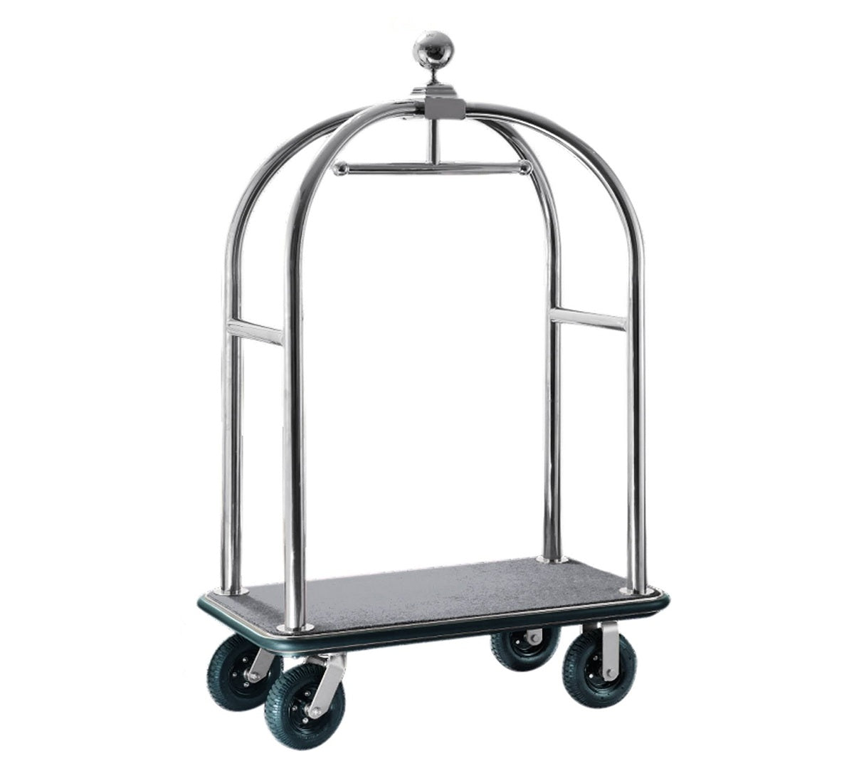 Dolphy classic birdcage luggage trolley in stainless steel, showing the tall arched frame with hanging garment rail, carpeted luggage platform and four wheels