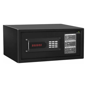 Dolphy DigiVault hotel safe in black, front three-quarter view showing the red digital display, keypad and instruction label on the door