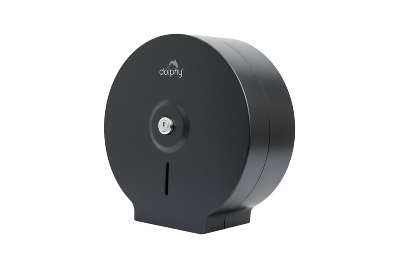 Dolphy matte black jumbo toilet roll dispenser, front view showing the key lock and viewing slot