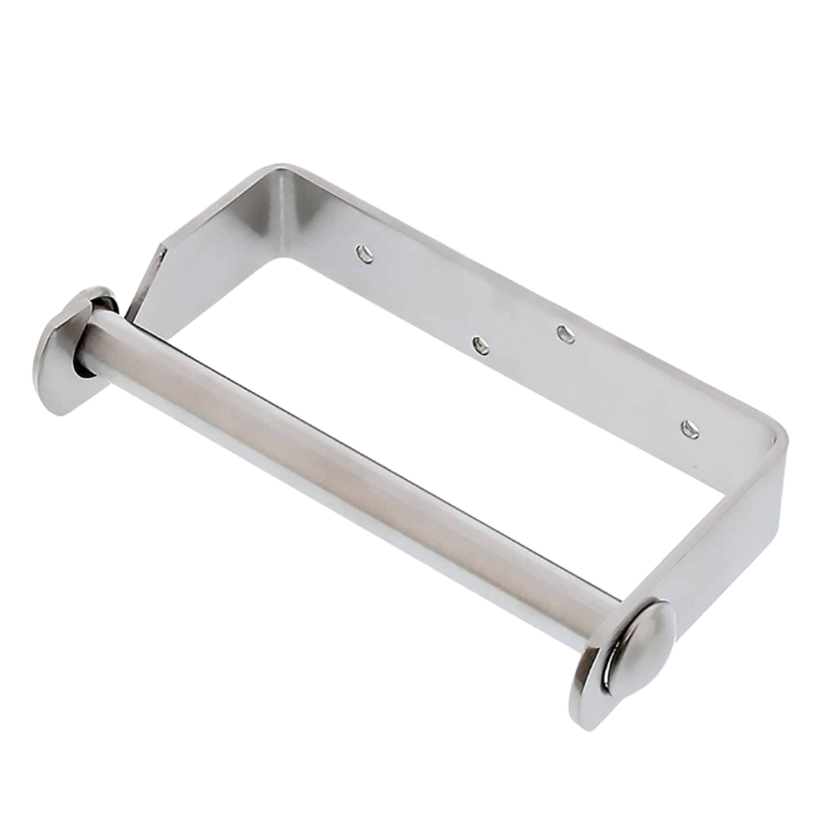 Dolphy stainless steel toilet roll holder photographed on a black background, angled view of the bracket