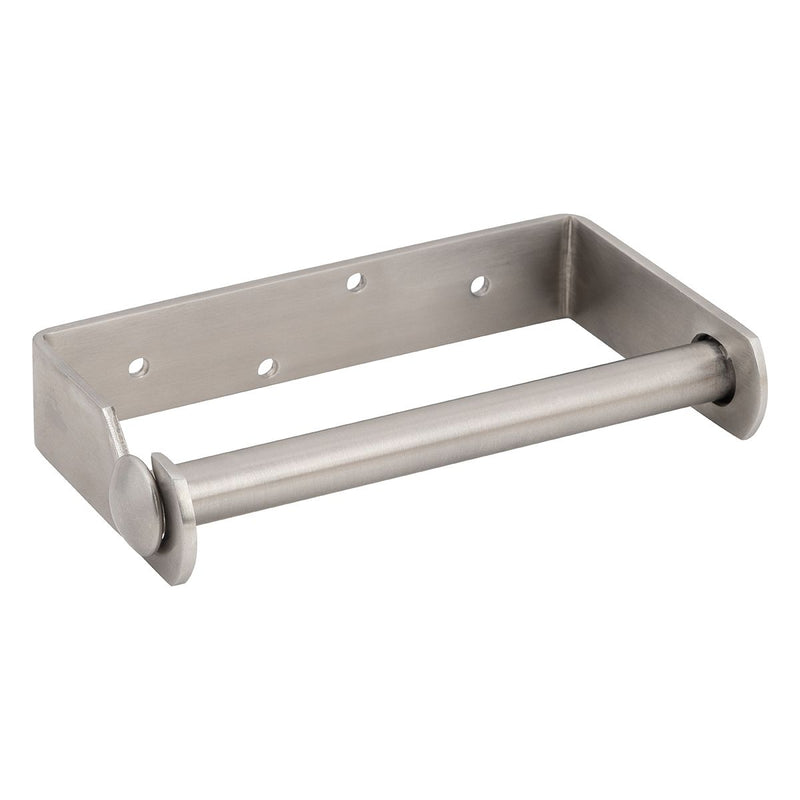 Dolphy brushed aluminium toilet roll holder, angled view from the other side showing the back plate and roller