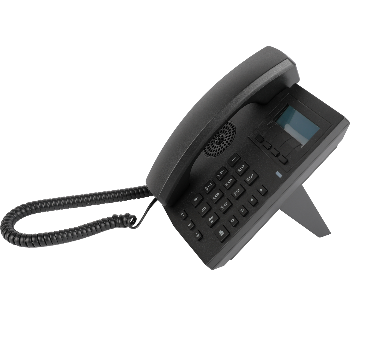 Dolphy desktop corded telephone in black, showing the handset in its cradle above a numeric keypad and function buttons