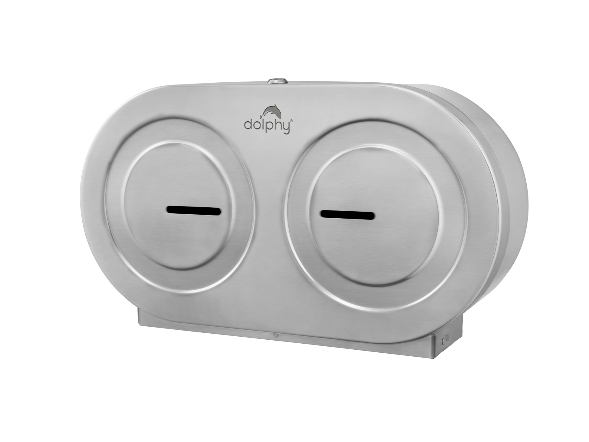 Dolphy double jumbo toilet roll dispenser in brushed 304 stainless steel, showing the wide enclosed casing with lock and twin roll compartments