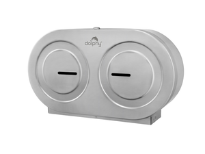 Dolphy double jumbo toilet roll dispenser in brushed 304 stainless steel, showing the wide enclosed casing with lock and twin roll compartments
