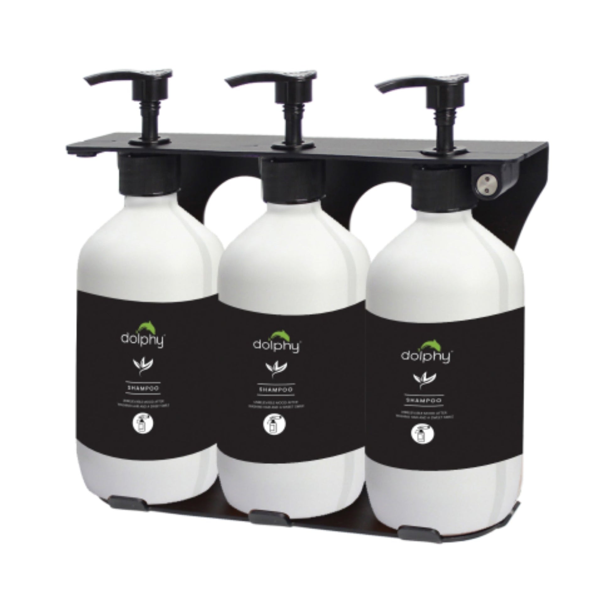 Dolphy EcoFlow refill dispensers in matte white with stainless steel trim, three units wall mounted side by side with push button heads