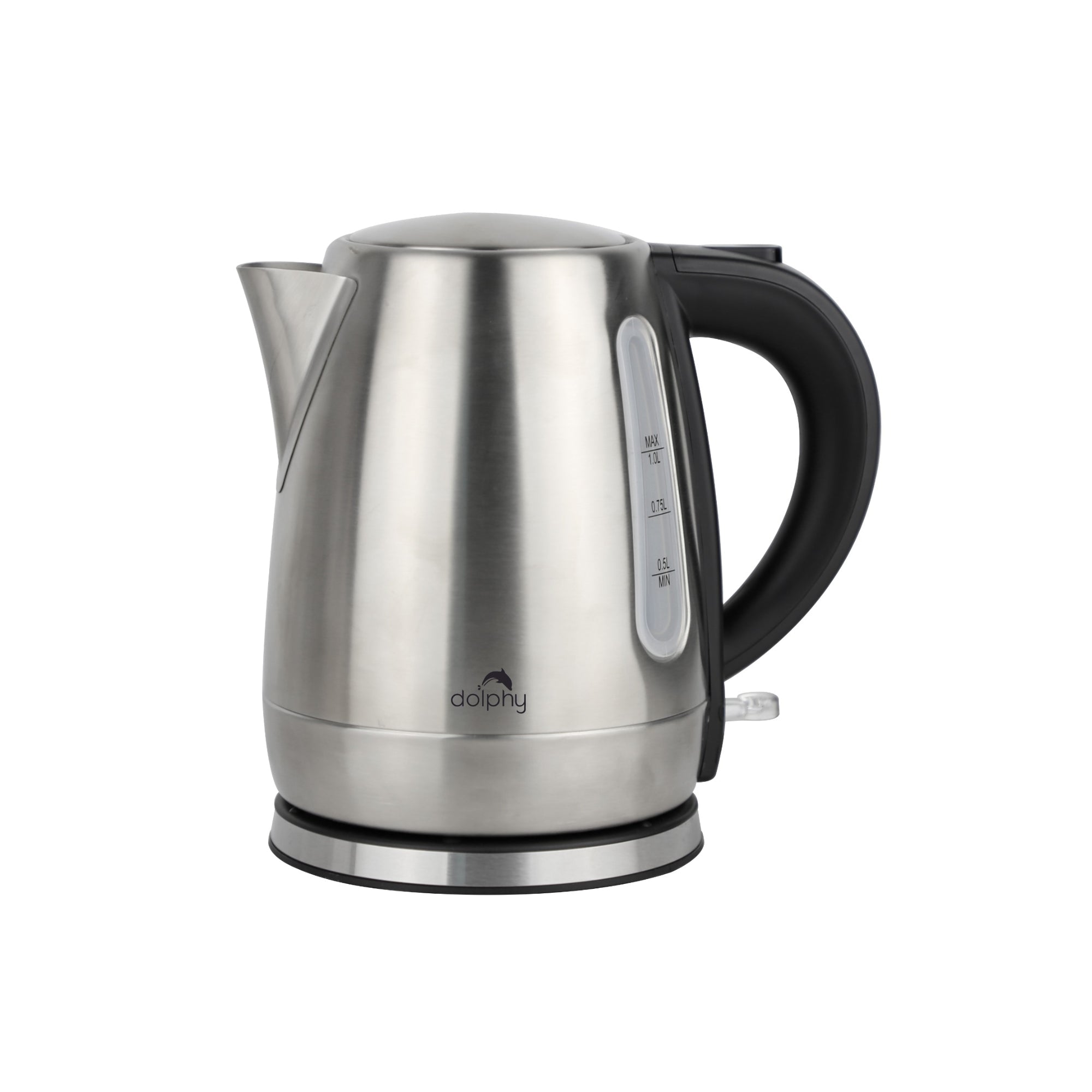 Dolphy 1.0 litre electric kettle in brushed stainless steel with a black ergonomic handle, showing the graduated water level window marked MAX 1.0L, 0.75L and 0.5L MIN and a stainless steel pour spout