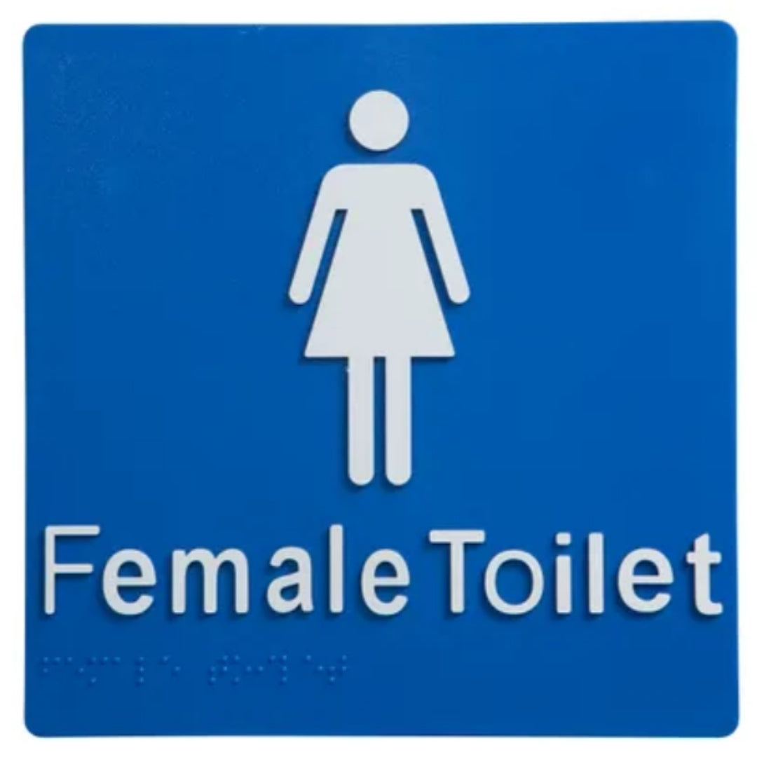Dolphy female toilet braille and tactile sign with a blue face, showing the raised international symbol, raised lettering and braille dots beneath