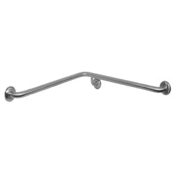 Dolphy shower corner grab rail, 750 x 750mm in polished #304 stainless steel, left hand orientation, showing the bent rail profile and concealed circular flush mounts