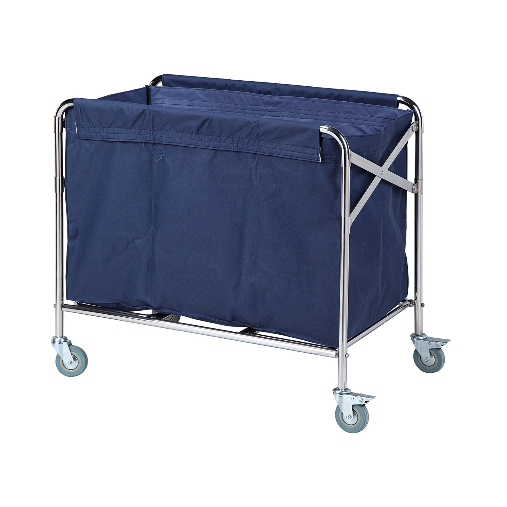 Dolphy foldable linen trolley in blue and silver, showing the taller stainless steel folding frame with a blue fabric linen bag and castors