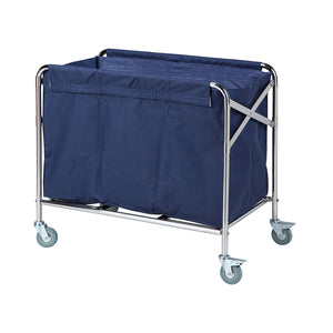 Dolphy foldable linen trolley with a blue fabric bag on a rectangular chrome frame, angled view showing the cross braces and castors