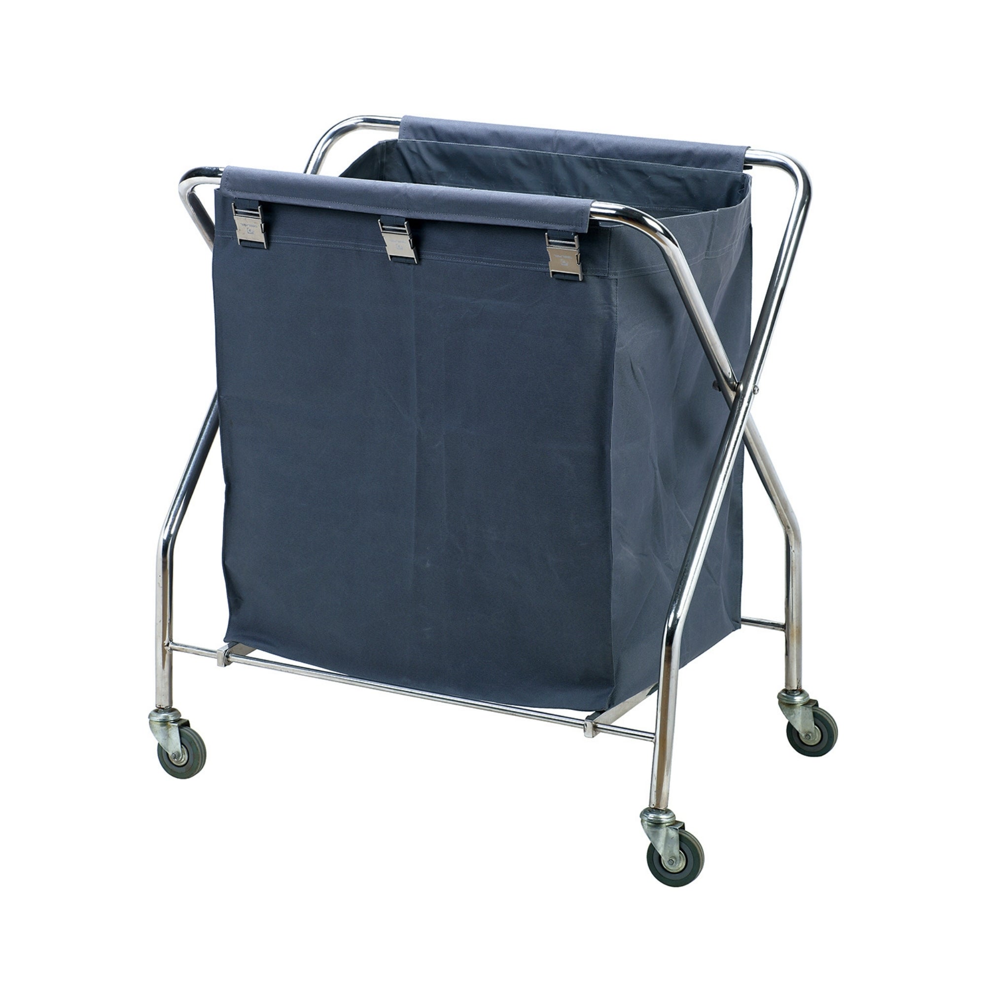 Dolphy compact foldable linen trolley in blue and silver, showing the stainless steel folding frame with a blue fabric linen bag and four castors
