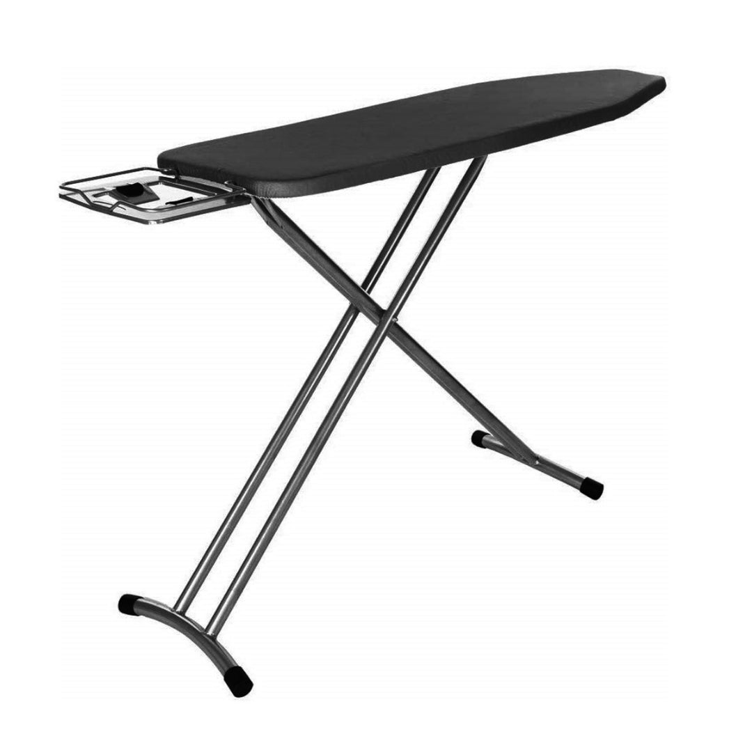Dolphy folding ironing board in black, showing the steel mesh top with fitted cover, heat resistant iron rest and folding steel legs