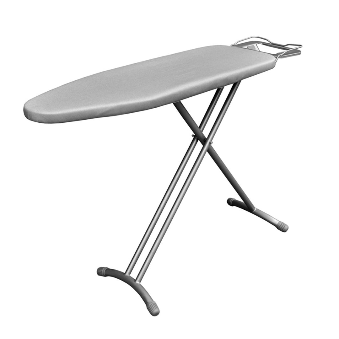 Dolphy folding ironing board in light grey, showing the steel mesh top with fitted cover, heat resistant iron rest and folding steel legs