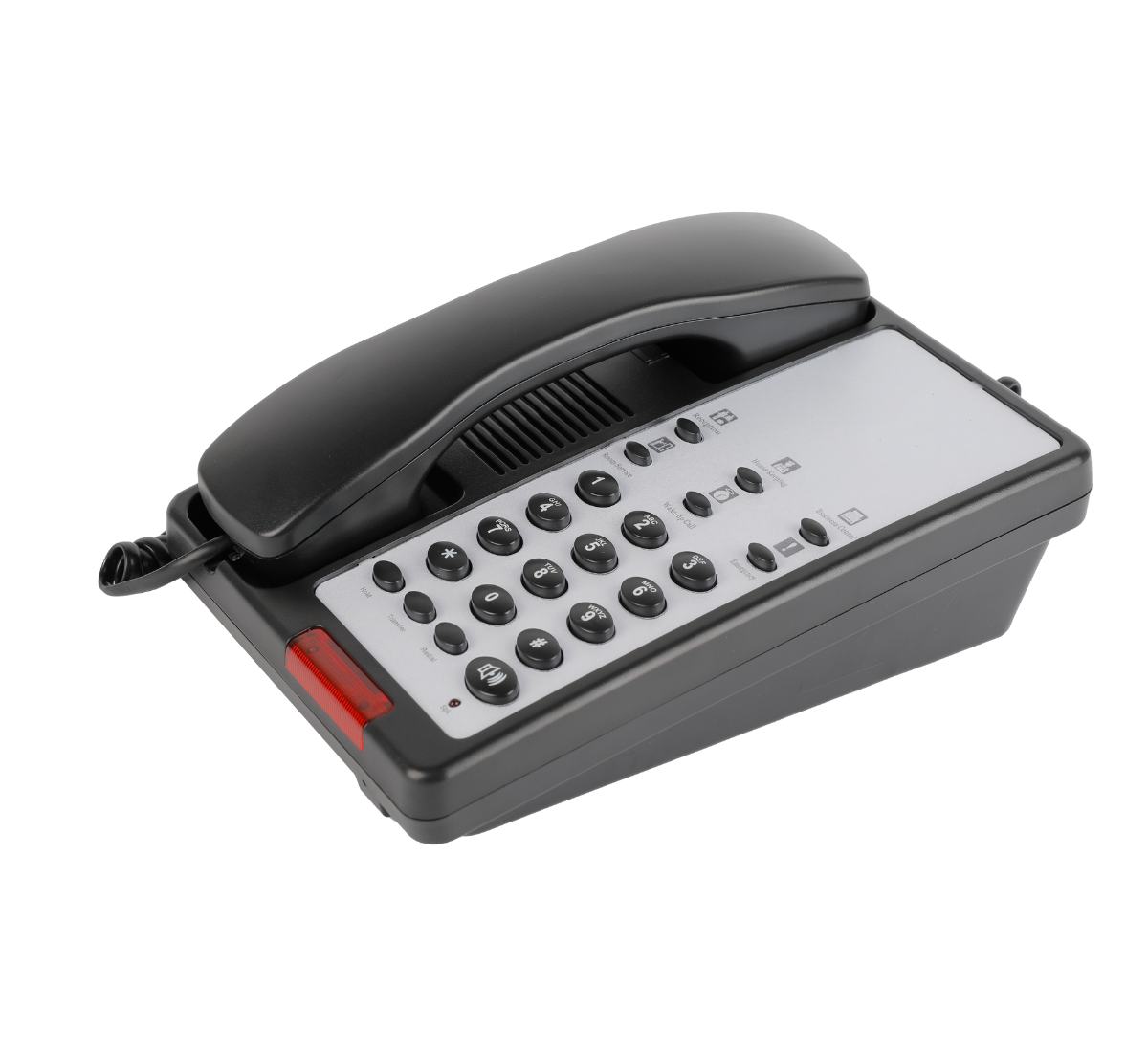 Dolphy hotel room telephone in black, showing the corded handset resting in the cradle with a numeric keypad and function buttons