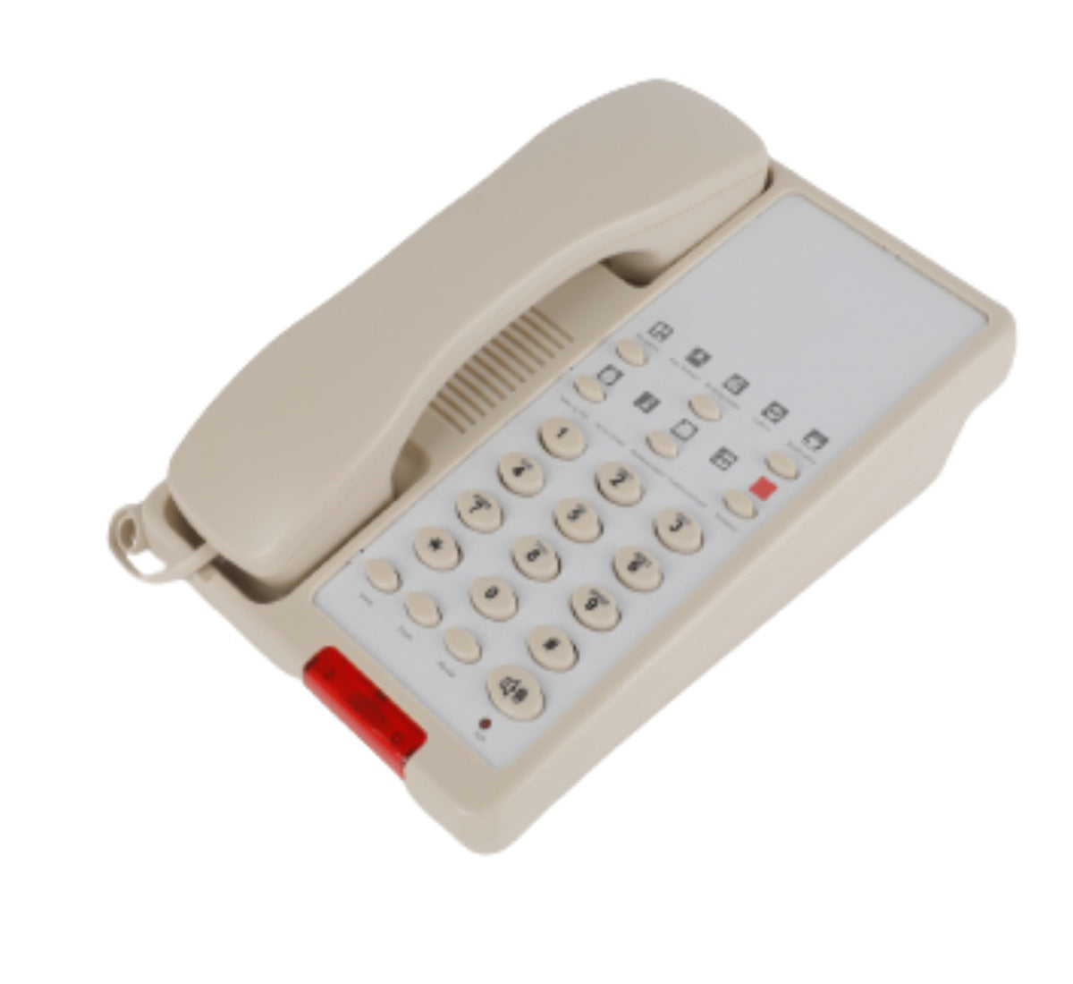 Dolphy hotel room telephone in ivory, showing the corded handset resting in the cradle with a numeric keypad and function buttons