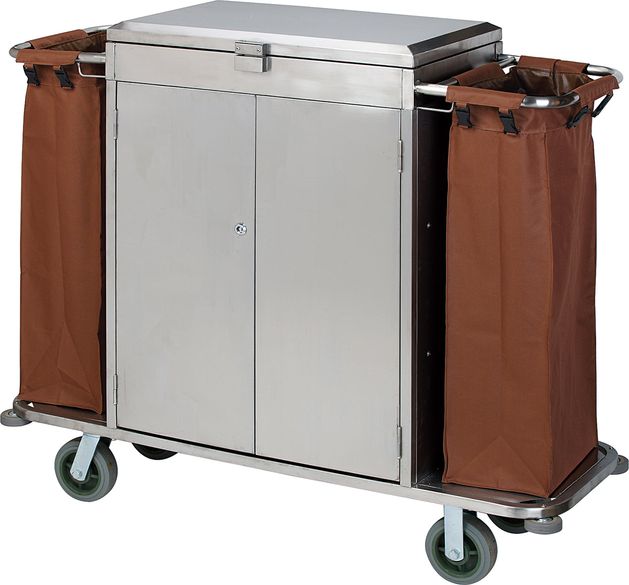 Dolphy housekeeping trolley in brown stainless steel, showing the lockable central cabinet doors, large fabric side bags for linen and heavy duty wheels
