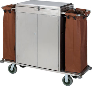 Dolphy housekeeping trolley in brown stainless steel, showing the lockable central cabinet doors, large fabric side bags for linen and heavy duty wheels