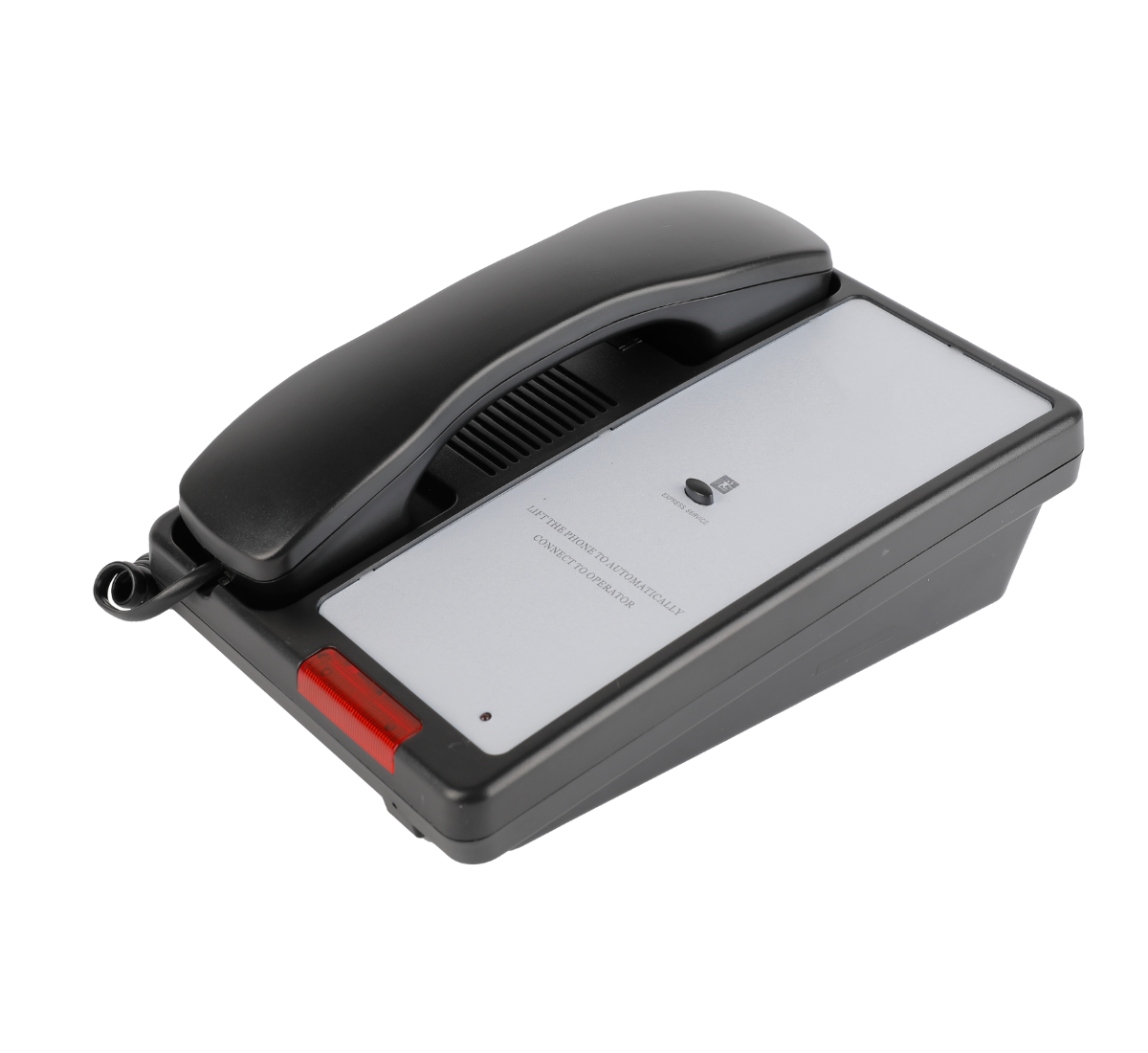 Dolphy lobby and emergency telephone in black, showing the corded handset, keypad and customisable faceplate panel