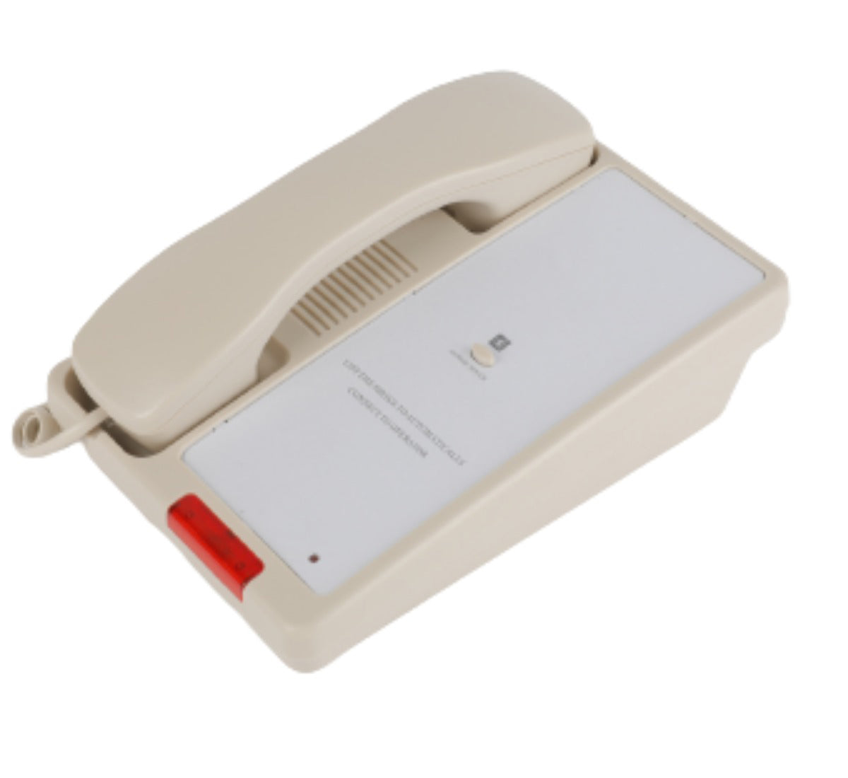 Dolphy lobby and emergency telephone in ivory, showing the corded handset, keypad and customisable faceplate panel