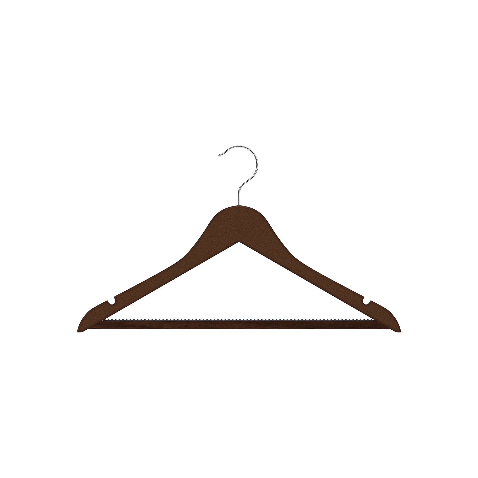 Dolphy lotus wood clothes hanger in dark brown matte finish, showing the chrome hook, shoulder notches and teeth grip trouser bar