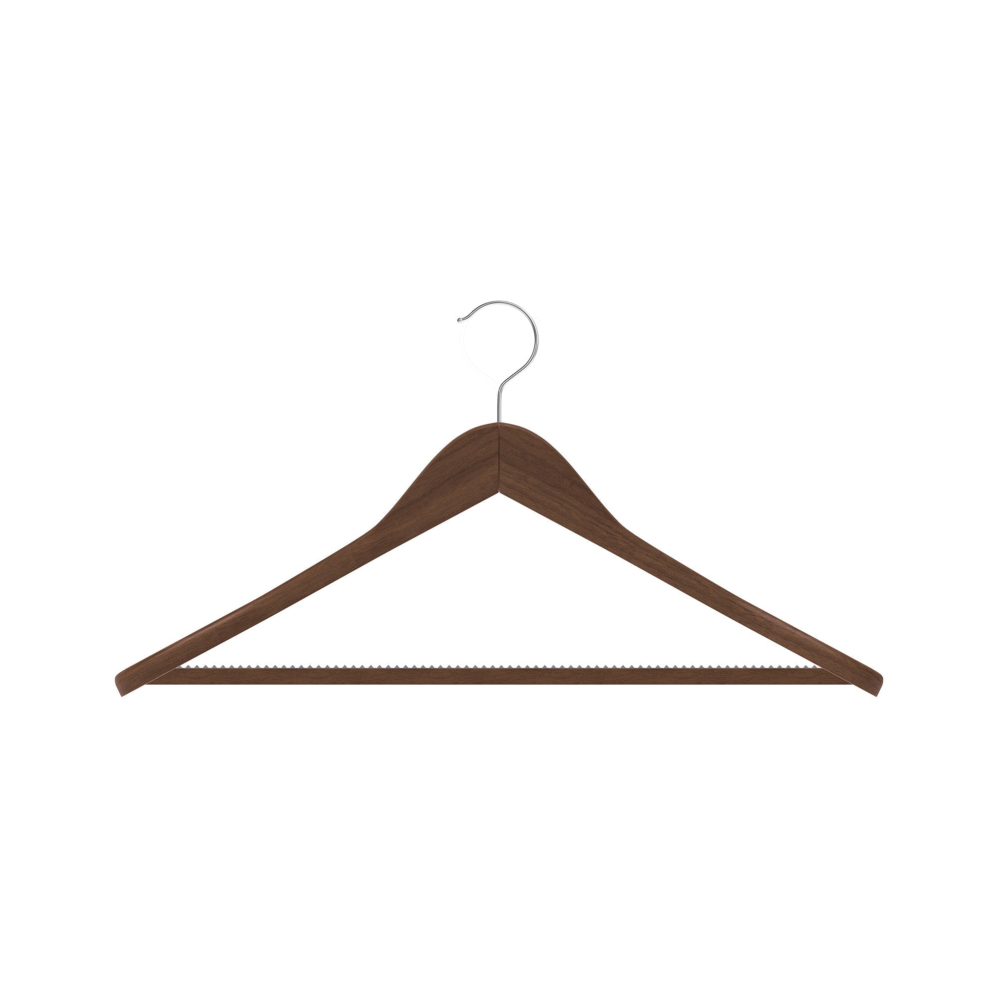 Dolphy lotus wood wide shoulder suit hanger in brown matte finish, showing the chrome hook, shoulder notches and teeth grip trouser bar
