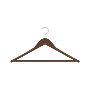 Dolphy lotus wood wide shoulder suit hanger in brown matte finish, showing the chrome hook, shoulder notches and teeth grip trouser bar