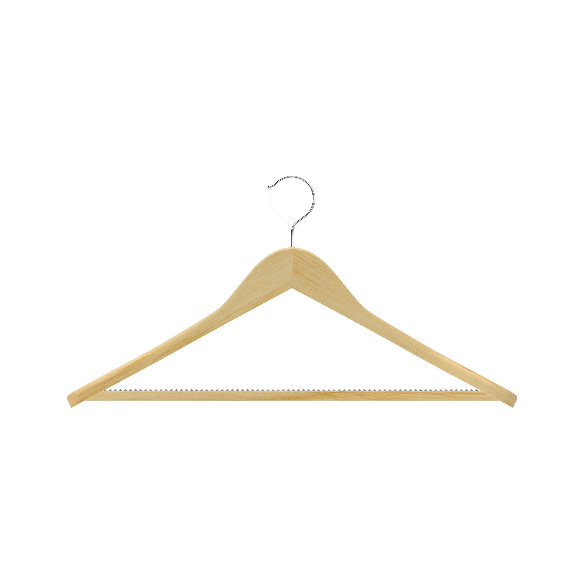 Dolphy lotus wood wide shoulder suit hanger in white matte finish, showing the chrome hook, shoulder notches and teeth grip trouser bar