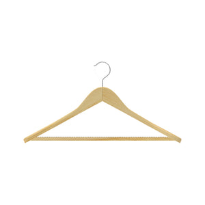 Dolphy lotus wood wide shoulder suit hanger in white matte finish, showing the chrome hook, shoulder notches and teeth grip trouser bar