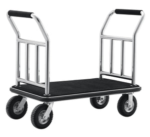 Dolphy luggage trolley cart in black and silver, showing the stainless steel upright frame, black carpeted platform and wheels