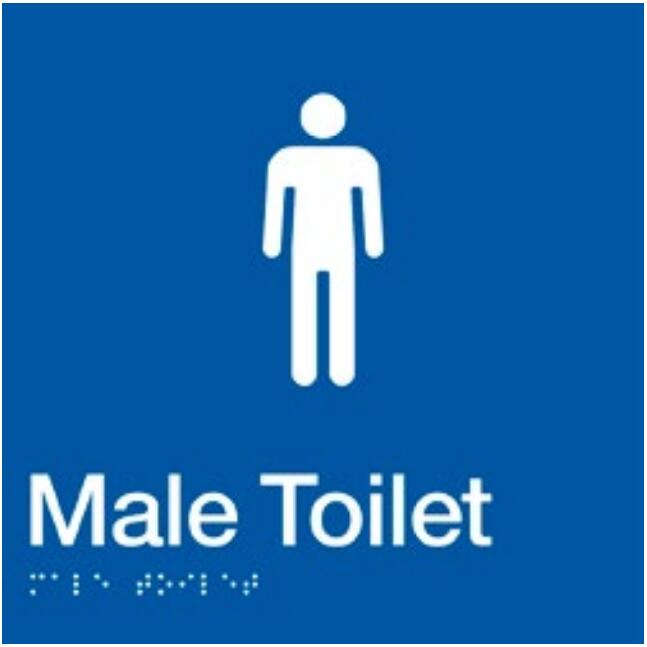 Dolphy male toilet braille and tactile sign with a blue face, showing the raised international symbol, raised lettering and braille dots beneath