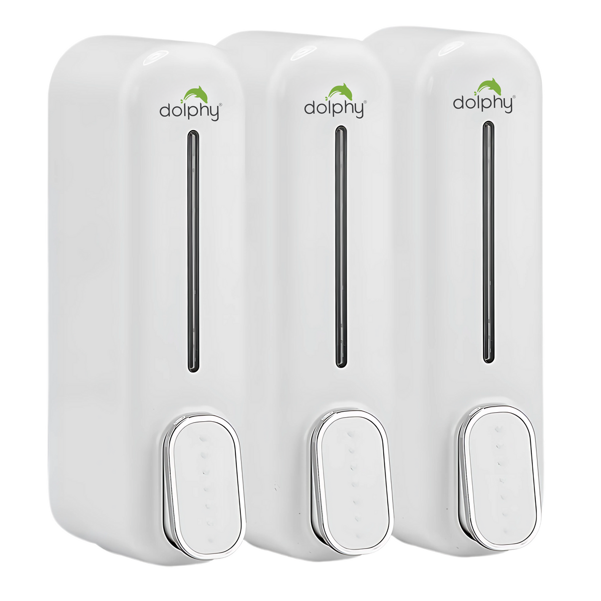Dolphy manual soap dispenser set in white ABS, showing three side by side 300ml chambers with individual push pumps on a wall plate