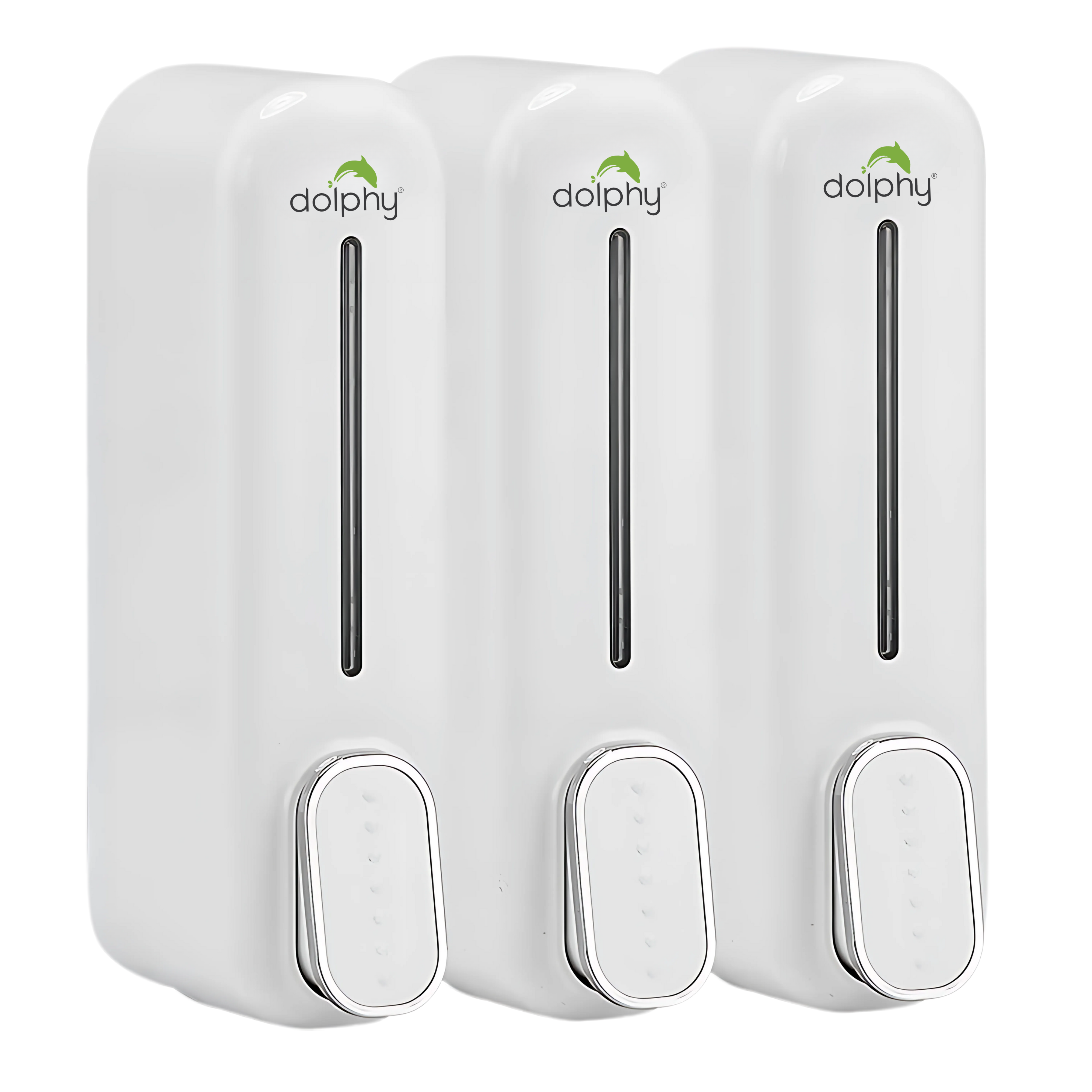 Dolphy manual soap dispenser set in white ABS, showing three side by side 300ml chambers with individual push pumps on a wall plate