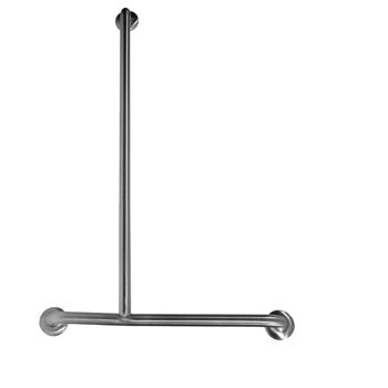 Dolphy offset shower grab rail, 1100 x 700mm in polished #304 stainless steel, left hand orientation, showing the bent rail profile and concealed circular flush mounts