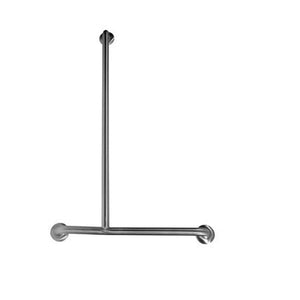Dolphy offset shower grab rail, 1100 x 700mm in polished #304 stainless steel, left hand orientation, showing the bent rail profile and concealed circular flush mounts