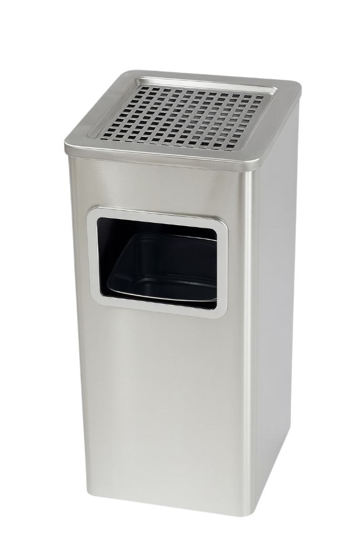 Dolphy outdoor ashtray bin in brushed stainless steel, showing the square freestanding body with a smoke-extinguishing ashtray top