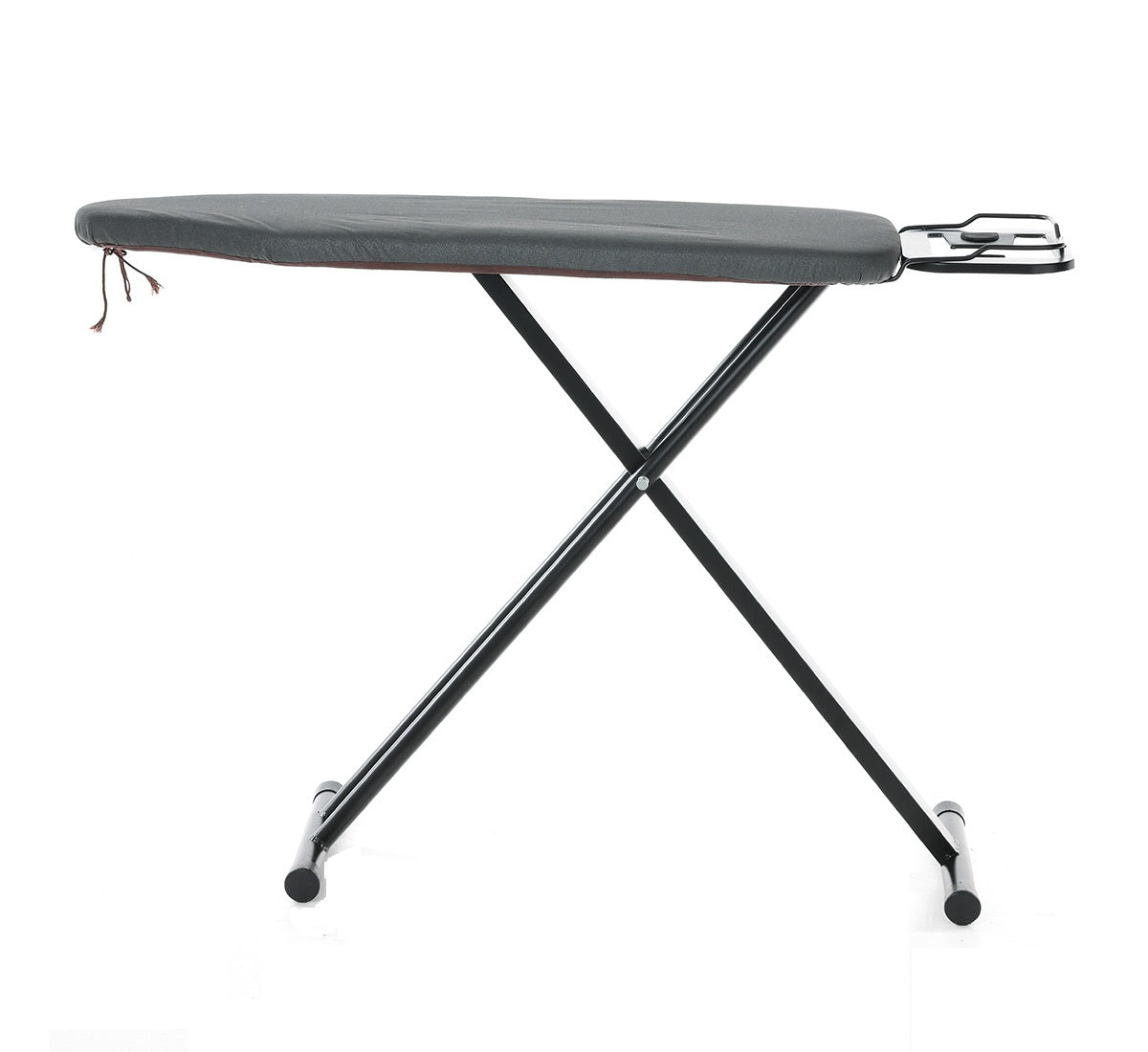 Dolphy premium ironing board in black, showing the large steel mesh top with needle cotton cover, integrated iron rest and steel tube legs