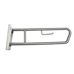 Dolphy pull down grab rail in #304 stainless steel, showing the folding 850mm rail arm, wall bracket and integrated toilet roll holder bar