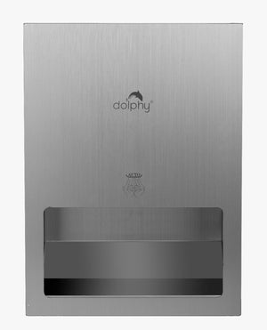 Dolphy recessed hot or cold hand dryer, front view of the stainless steel panel with the Dolphy logo and the hand opening near the base