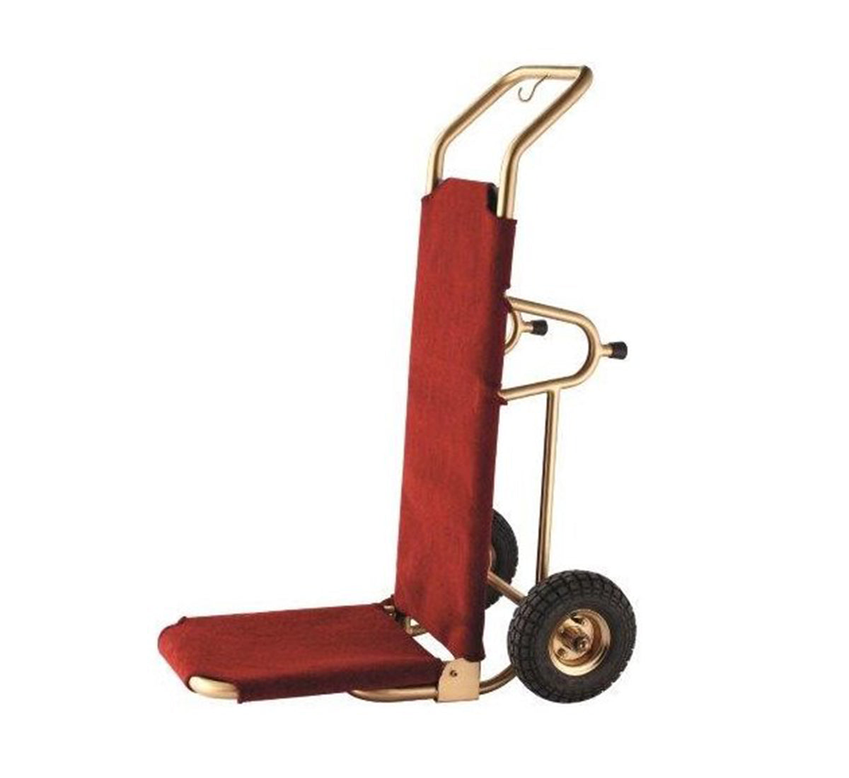 Dolphy premium hand trolley with a gold chrome frame and red carpeted platform, showing the upright handle and folding wheel assembly