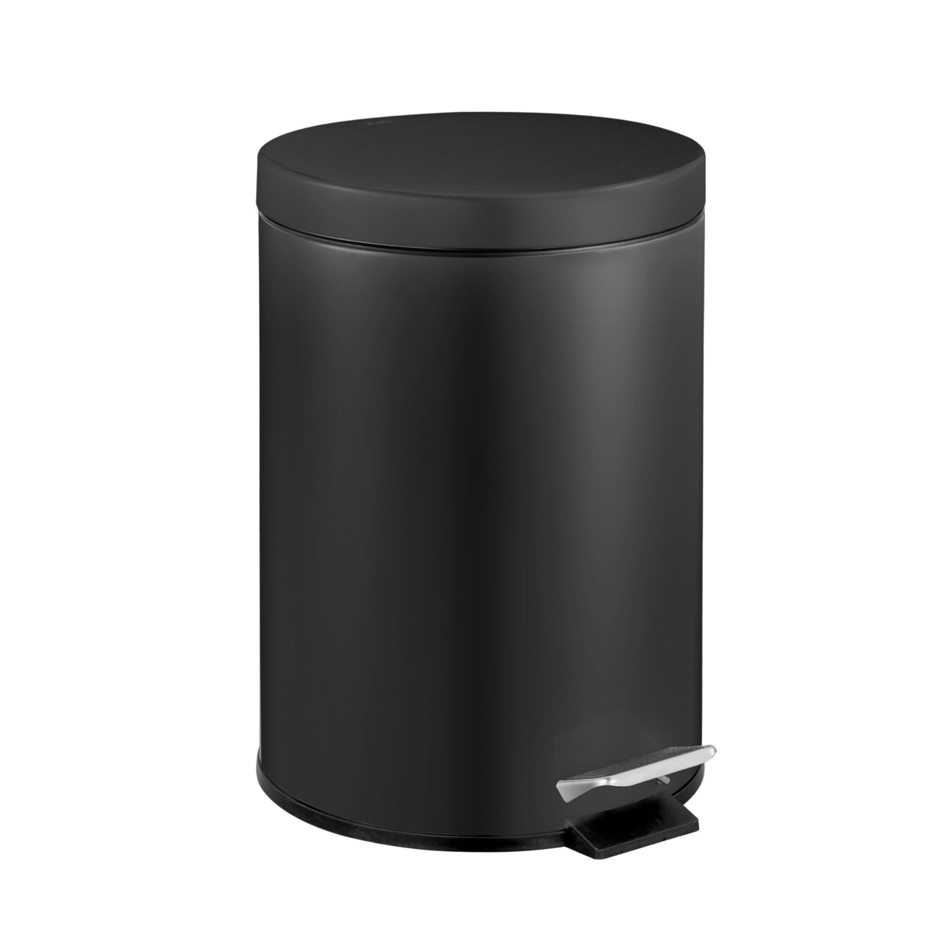 Dolphy round pedal bin in black stainless steel, showing the cylindrical body, hinged lid and foot pedal at the base