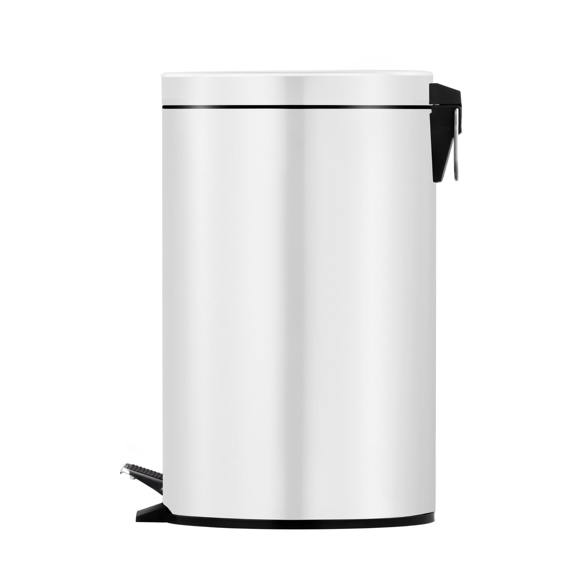 Dolphy round pedal bin in white stainless steel, showing the cylindrical body, hinged lid and foot pedal at the base