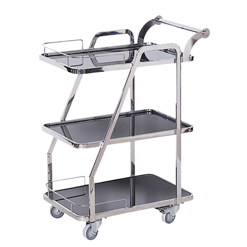 Dolphy three tier service trolley with a polished stainless steel tubular frame and diagonal brace, showing three dark powder coated shelves with raised guard rails, a curved push handle and four grey wheeled castors