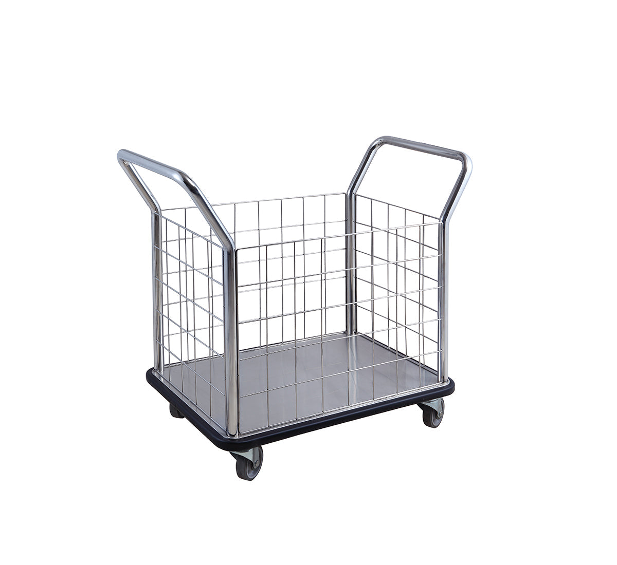 Dolphy stainless steel linen cart in matte silver, showing the deep tub body with high side walls mounted on a wheeled frame