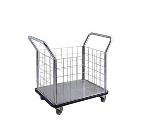 Dolphy stainless steel linen cart in matte silver, showing the deep tub body with high side walls mounted on a wheeled frame