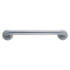 Dolphy straight grab rail in brushed silver stainless steel with a round wall flange at each end, shown on a white background