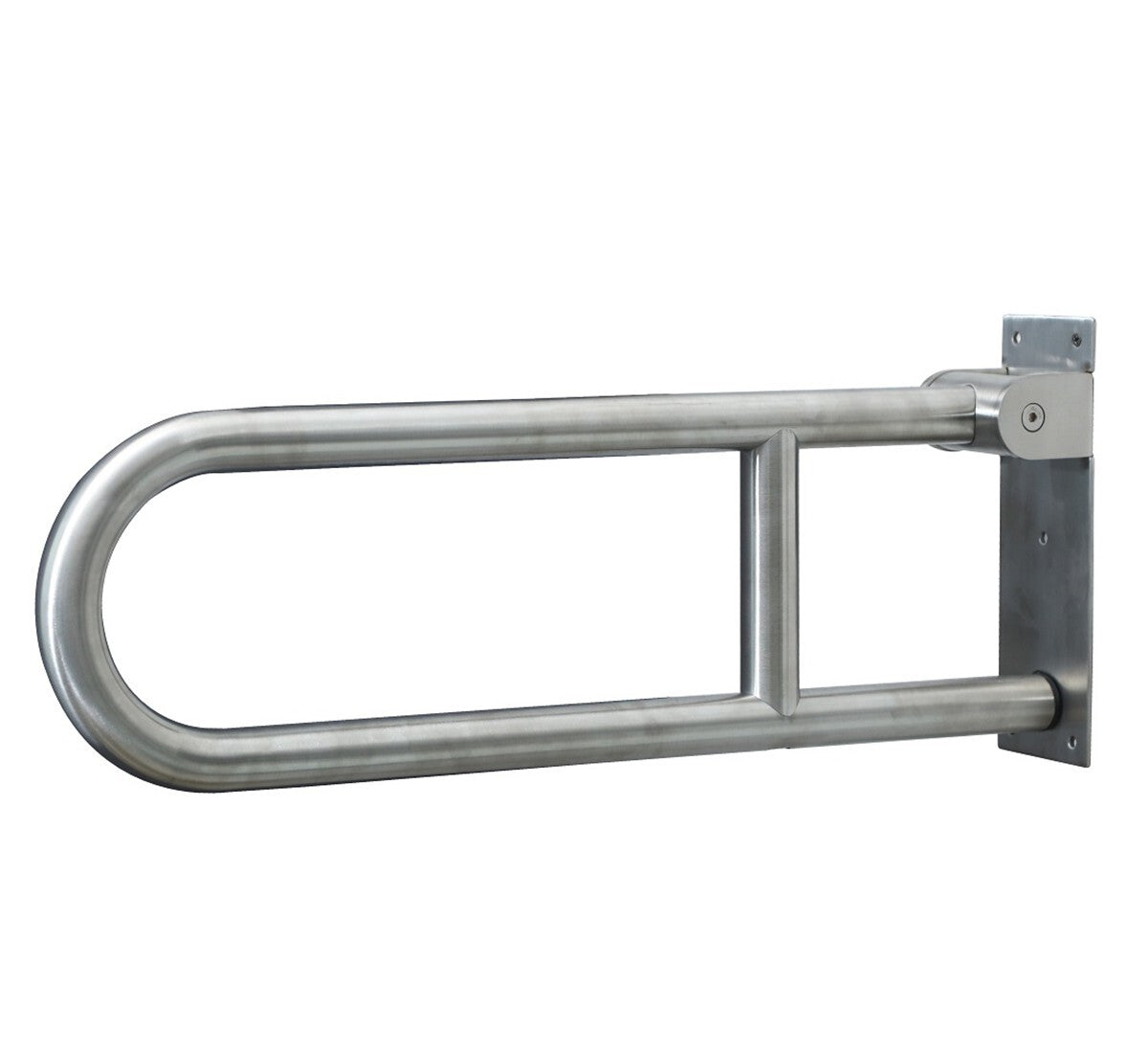 Dolphy swing up grab rail in silver stainless steel, shown folded profile with wall mounting plate and twin support arms