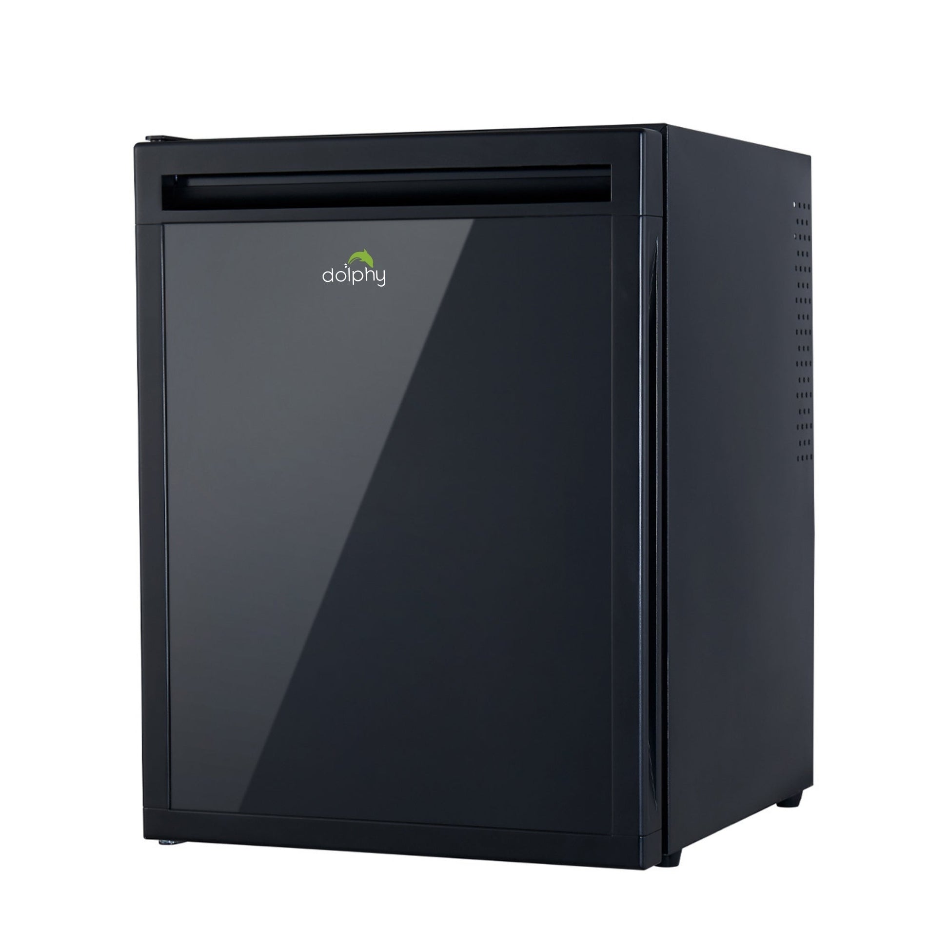 Dolphy thermoelectric minibar in black with a solid reversible door, showing the compact 30 litre cabinet and recessed door handle